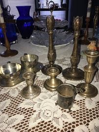 STERLING SILVER CANDLE HOLDERS / CREAM AND SUGAR BOWL WITH TRAY