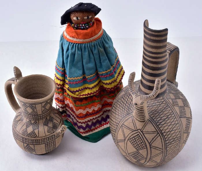 Lot 11: 2 Native Ceramic Pitchers w/African Designs w/Doll