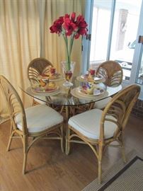 Ratan Glass Top Table And  Chairs with Custom Seat Covers