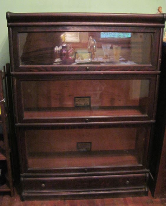 Three-Tier Globe-Wernicke Oak Barrister bookcase with drawer. Original labeis.