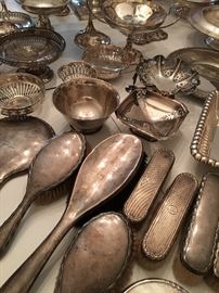 Sterling bowls, trays & vanity brush & mirror sets 