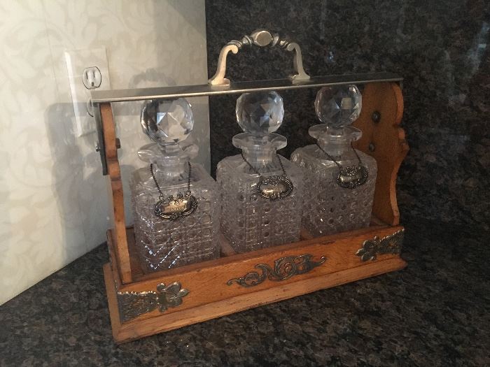 Rare Oak & Sterling Victorian Betjemanns Patent London Tantalus w/hobnail cut glass decanters. Circa. 1890.