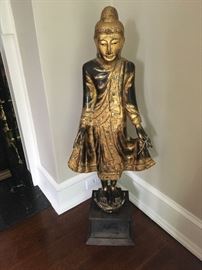 19th Century Chinese wood statue with ornate detail, a must see in person. Stands approx. 42 inches in height