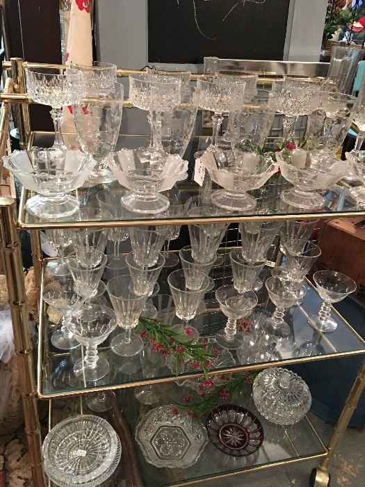 Huge Collection of Glassware & Crystal on a Portable Mini Bar