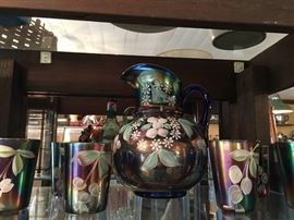 Northwood Fenton
Handpainted Cherries & Flowers
Blue Iridescent Carnival Glass
   1 Cannon Ball Pitcher
   6 Tumblers