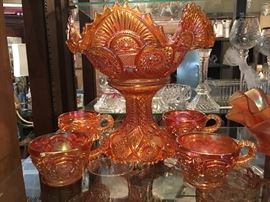 Stunning, Vintage, Imperial Marigold Iridescent Carnival Glass
     1 Punch Bowl on Stand
     4 Punch Glasses  