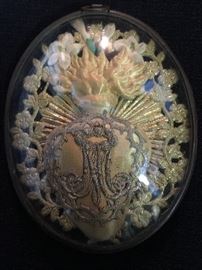 French Sacred Heart Bleedinf Heart 
  Very Old with Convex Glass