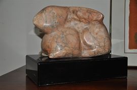 "Briar Rabbit" Michigan Alabaster sculpture of a rabbit on black lacquer base signed and numbered by Shaprow.  16L x 8.5H x 7W