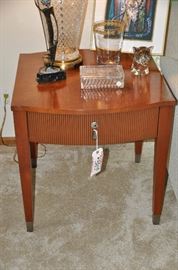 Ethan Allen cherry end table with one drawer and silver trim.  25W x 25H x27D