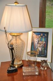 Fantastic home art including a Rob Holt sculpture of the First People, Shaman of the Deer Clan as well as a crystal table lamp. 