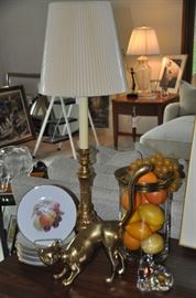 Fantastic home decor including wonderful vintage Bavarian fruit plates, a brass cat sculpture, a Baccarat lying down cat paperweight and more!