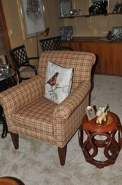 Craftwork by Vanguard rolled arm upholstered side chair. 36"W x 36"H x 34"D. Shown with wooden carved 14" round x18" tall stool.  