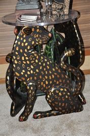 Hand Made and designed by David Ross wooden cheetah in a jungle carved painted end table with an acrylic top. 22" round.  29" tall.