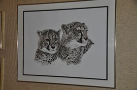 A phenomenal collection of African and Asian animals by Jacquie Vaux.  All are limited edition, signed and numbered framed and matted and include lions, leopards, giraffes, tigers and much, much more!  Picture shown is "Twin Cheetahs" 632/750.  45 x 36 overall.