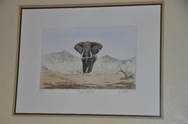 "Bull Elephant"  Pencil drawing by Collette .  17/150. overall 21" x 18"