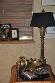 Solid brass elephant bowl shown with a brass rhino and wonderful solid brass leopard column table lamp by John Richard.