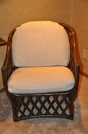 Fantastic bamboo chairs with removable cream colored cushion seat and back.  25.5W x 29.5"H x 26"D