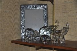Arthur Court 8x10 frame shown with signed Italian art glass elephant and a Waterford elephant.