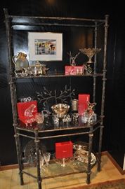 Exquisite cast iron 4 glass shelf baker's rack designed with tree and birds, perfecting for displaying your family treasures!