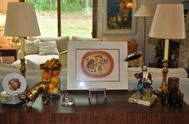 Fantastic Home Decor including 8 Bavarian fruit plates by Bareuther as well as a brass cat scultpure and a Ron Lee Clown with umbrella sculpture (8W x 16H x 10D)