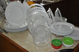 Wonderful etched glass plates and like new white Crate and Barrel dinner plates