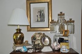 Antique Brass, marble and crystal candelabra shown with other antique pieces