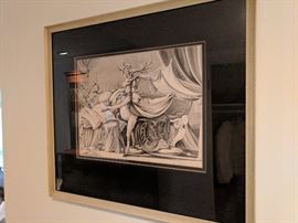 Fabius von Gugel Surrealistic pen and ink depicting a standing deer in a draped bedroom. Black double mat, ivory coved frame. 14" x 10.75" 