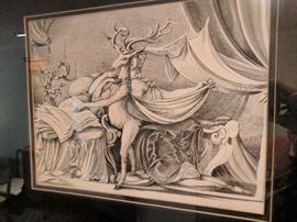 Fabius von Gugel Surrealistic pen and ink depicting a standing deer in a draped bedroom. Black double mat, ivory coved frame. 14" x 10.75" 
