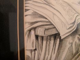 Fabius von Gugel Surrealistic pen and ink depicting a standing deer in a draped bedroom. Black double mat, ivory coved frame. 14" x 10.75" 