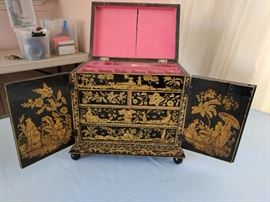 Regency Lacquer penwork jewelry cabinet