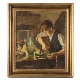 Antique Original Oil on Canvas of a Cobbler: An original oil painting on canvas of a cobbler. This painting shows a cobbler in his modest shop, lost in the art of shoe repair as he focuses intently on the sole in his hands. A nearly empty bottle of wine rests on the table before him, indicating a long night for the repairman, who is seen wearing a grimace as he works. The painting is signed illegibly to lower left, and appears to read “Oigons” as the surname. The painting is mounted in a beveled gilt frame with a decorative interior border.