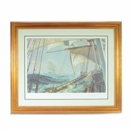 John Stobart Signed Limited Edition 1978 Offset Lithograph "Decks Awash": A signed 1978 limited edition offset lithograph after the original 1972 oil painting by well-listed nostalgic maritime artist John Stobart (Massachusetts; born 1929), titled Decks Awash. The image depicts a view from the decks of massive wooden schooner as it rocks violently on a turbulent sea, waves crashing over the sides of the ship as the crew works to ensure the vessel remains upright. In the distance, another ship is seen on the horizon, likely experiencing a similar situation. Artist’s signature is printed in plate to the lower right, and hand-signed in pencil just below in the margin, where the print is numbered 365 in an edition of 850. This print is mounted under navy blue and white double mat, under glass in a beveled wood frame with a distressed gilt finish, equipped to hang.