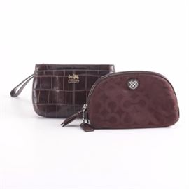 Coach Wristlet and Cosmetic Bag: A Coach wristlet and cosmetic bag. This selection includes a brown embossed leather wristlet with gold tone hardware and a zipper closure. Also included, a brown canvas Coach cosmetic bag with silver tone hardware, zipper closure, and brown fabric interior.