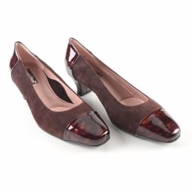 Women's BeautiFeel Brown Low Heels: A pair of women’s brown low heels by BeautiFeel. They feature tortoise shell toe boxes and counters with brown suede quarters. They have black latex soles. They are marked, “Made in Israel”.