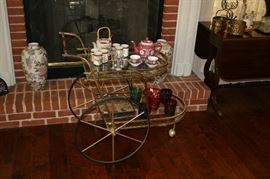 Retro Brass & Glass Bar/Tea Cart, Oriental Tea Sets, Floral Chinese Vases