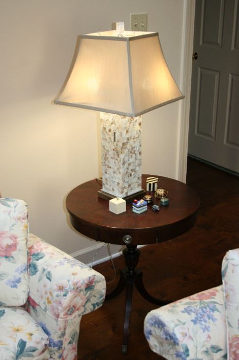 Vintage Drum Table, Shell Mosaic Lamp, Collection of Little Boxes