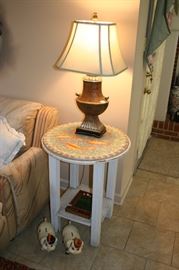 Primitive Side Table with Mosaic top, Lamp, Jaunty Pig Banks