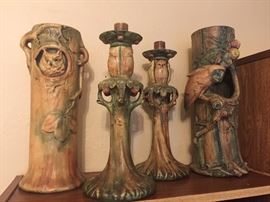 Weller Woodcraft Owl vases an candlesticks.