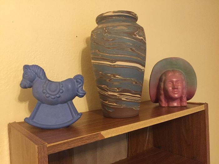 Blue Niloak Rocking Horse, Niloak Swirl Vase, Ozark Dawn Southern Belle Head Vase 
