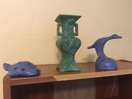 Niloak Turtle Flower Frog, Vase and Goose Flower Frog.