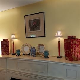 Antique & new Asian decorative items, gilt plates, equestrian print, etc.