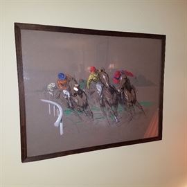 "Hugging the Rail" horse race artwork signed by Eugene Pechaubes, numbered 128/300.