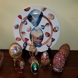 Egg-themed collectibles.  Green egg is newer "Faberge" 