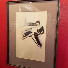 Vargas-style girl original watercolor signed W. Kreuter