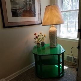 Painted table, bamboo theme ceramic lamp (one of a pair), and equestrian print (frame damaged....as found)