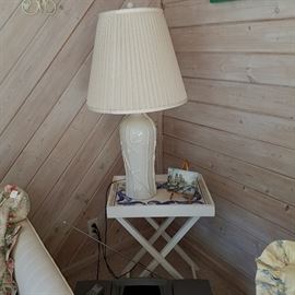 Tile top tray table, bamboo theme ceramic lamp (one of a pair)