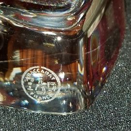 Close-up of Baccarat mark on the heart shaped crystal paperweight
