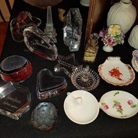 Crystal by Baccarat, Tiffany & Co.  Two dishes to the right are Herend.  Please note that a family member has recently removed the Neiman Marcus Fifteen Year paperweight.  