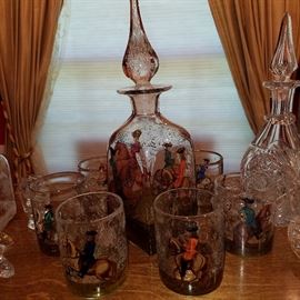 Russian (?) equestrian themed hand-painted glass decanter & tumblers