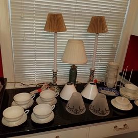 Candlestick lamps, shades for candles, white cups & saucers